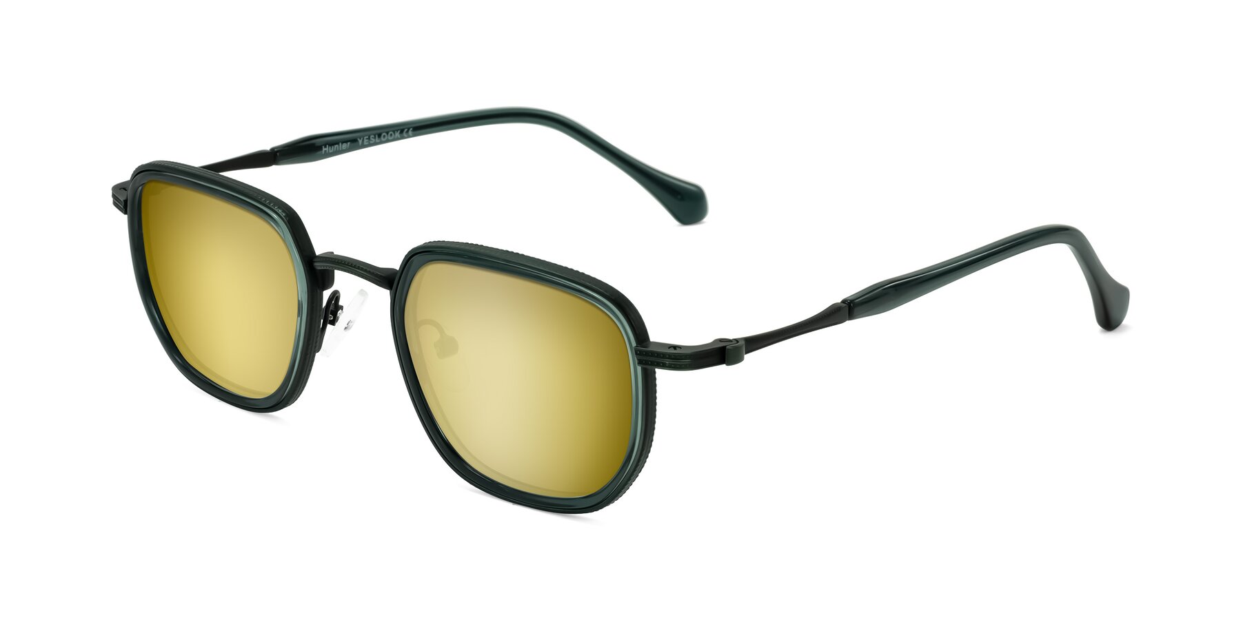 Angle of Hunter in Deep Forest Green with Gold Mirrored Lenses