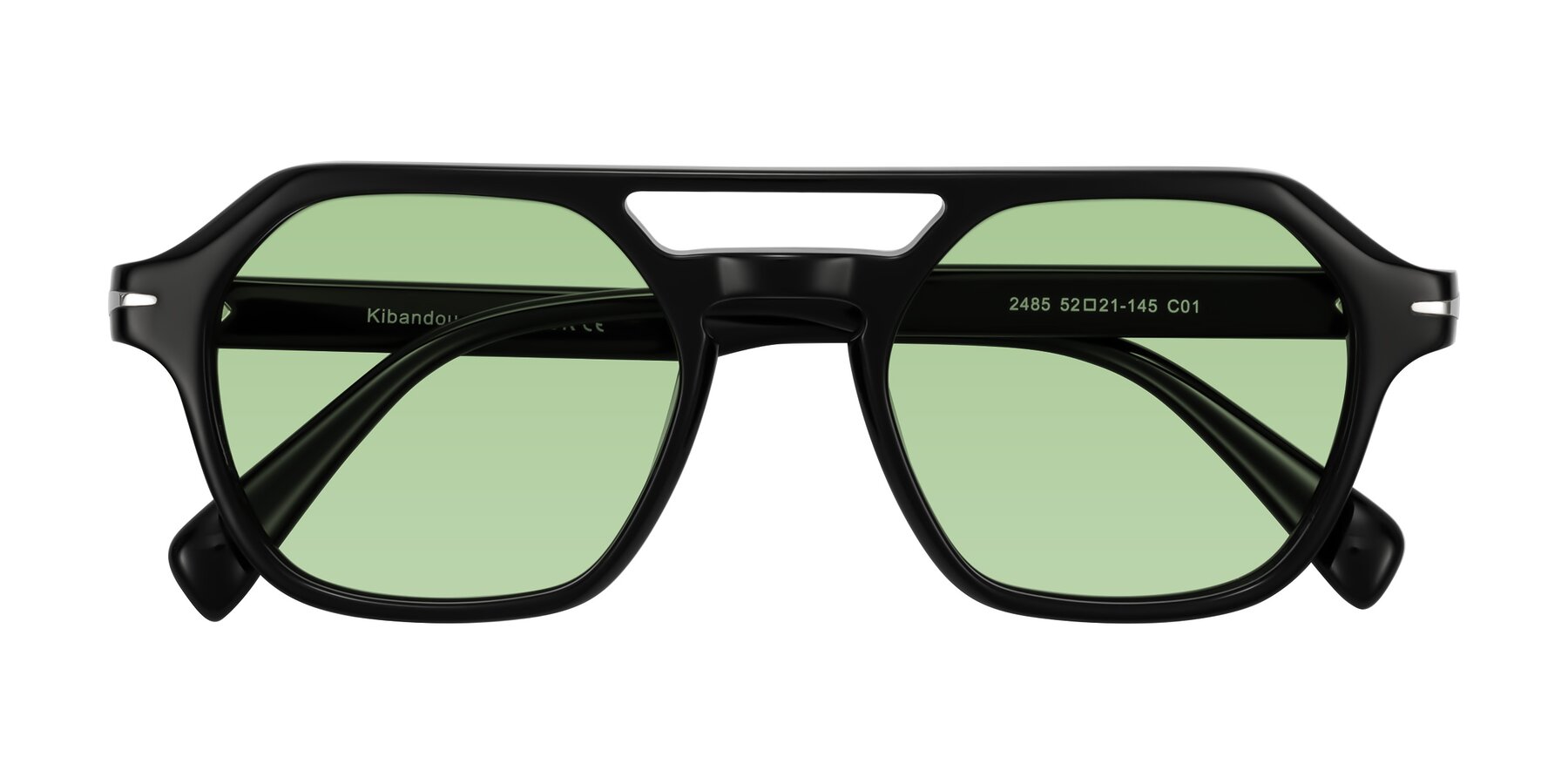 Folded Front of Kibandou in Black with Medium Green Tinted Lenses