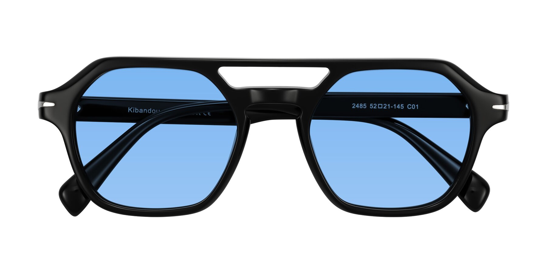 Folded Front of Kibandou in Black with Medium Blue Tinted Lenses