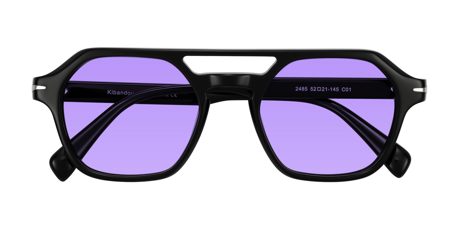 Folded Front of Kibandou in Black with Medium Purple Tinted Lenses
