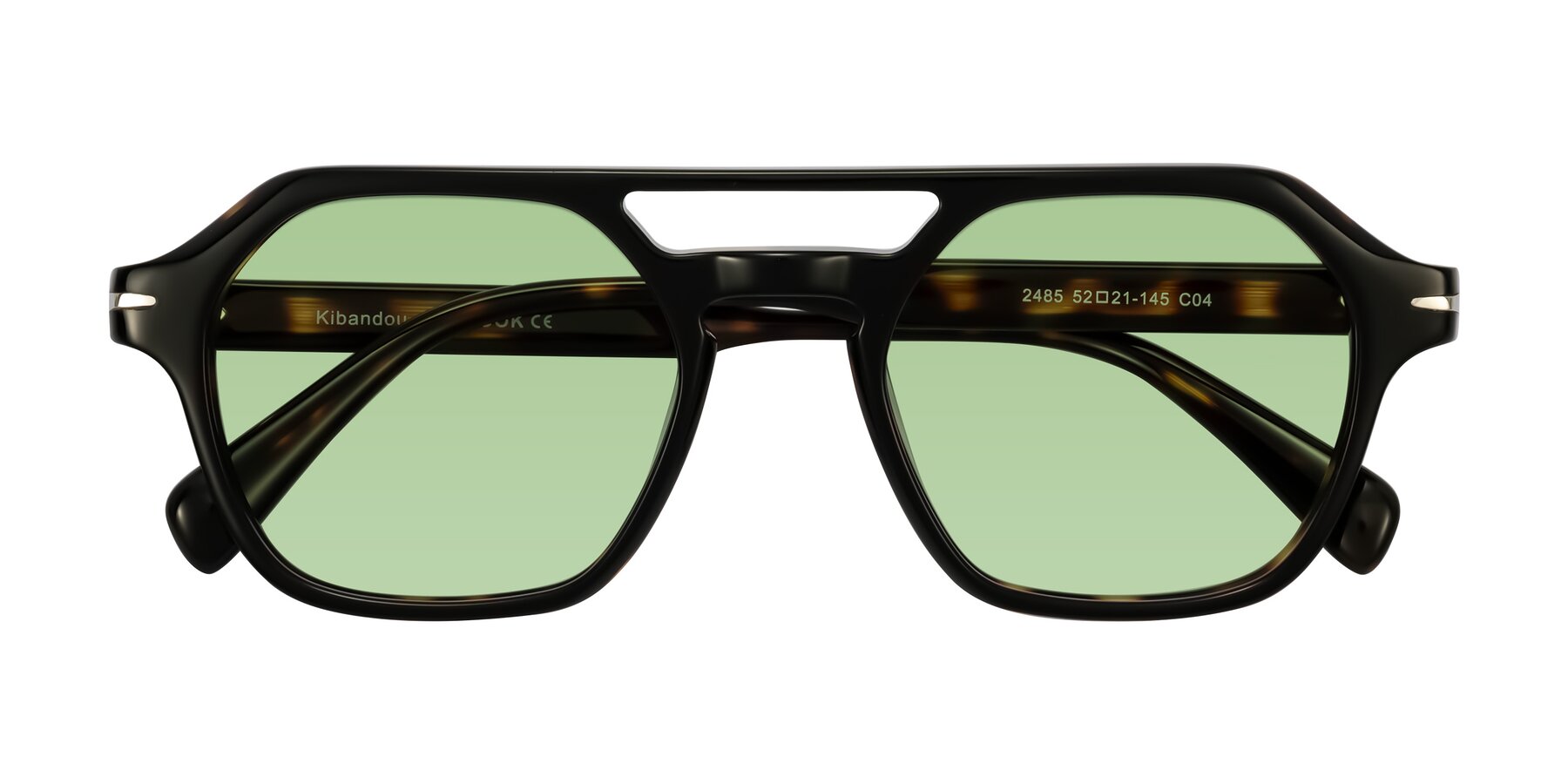 Folded Front of Kibandou in Black/Tortoise with Medium Green Tinted Lenses