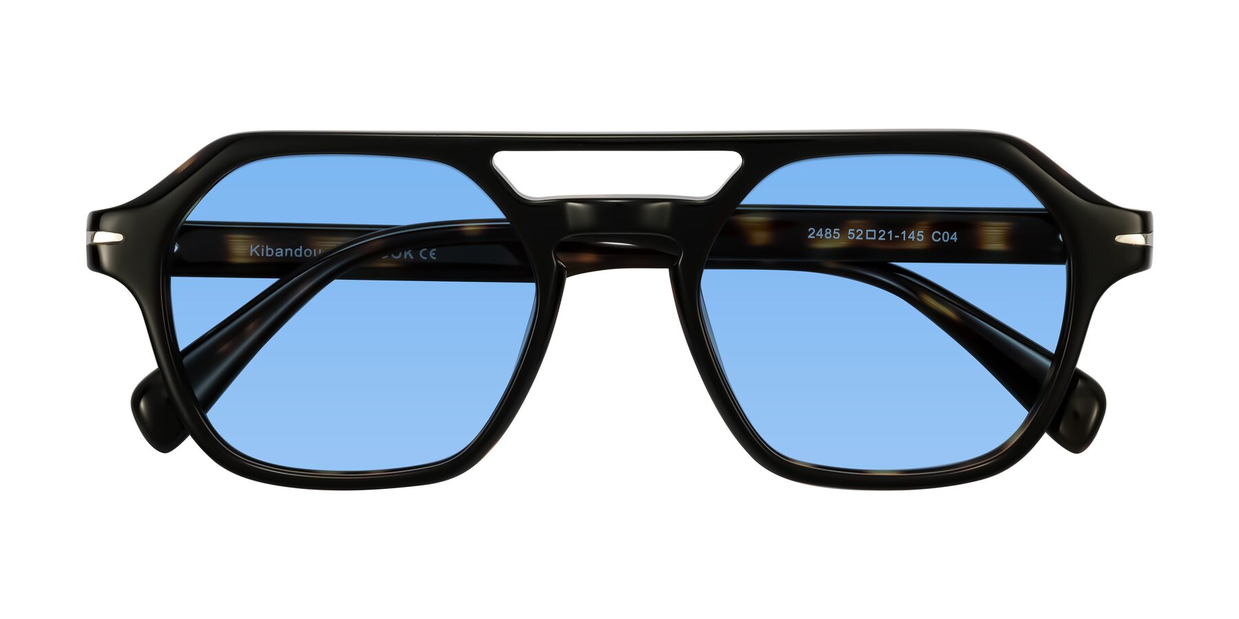 Folded Front of Kibandou in Black/Tortoise with Medium Blue Tinted Lenses
