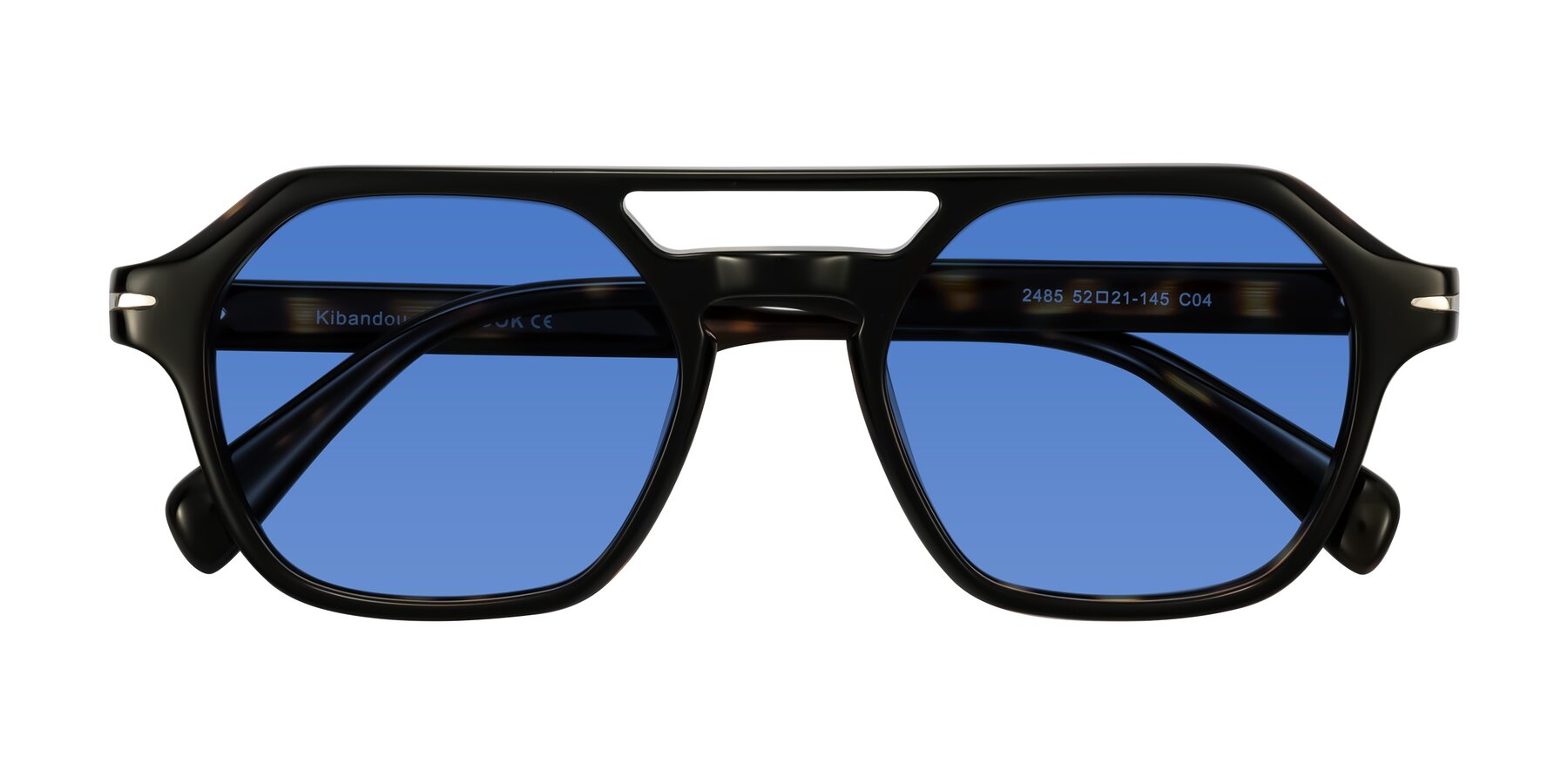 Folded Front of Kibandou in Black/Tortoise with Blue Tinted Lenses