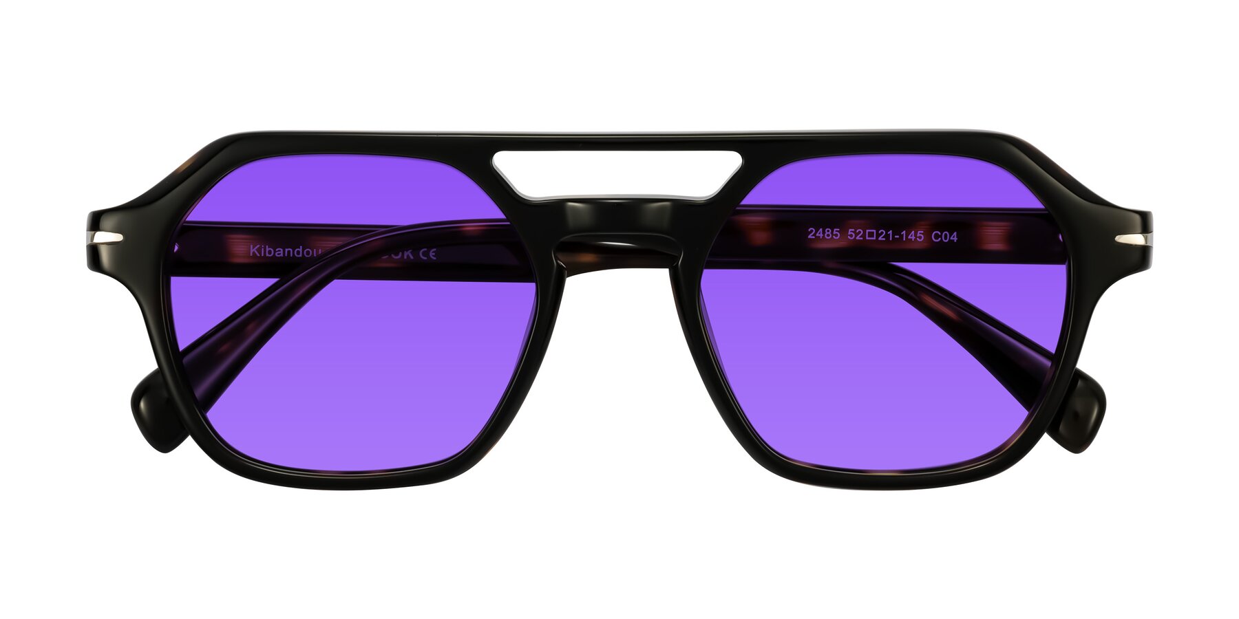 Folded Front of Kibandou in Black/Tortoise with Purple Tinted Lenses