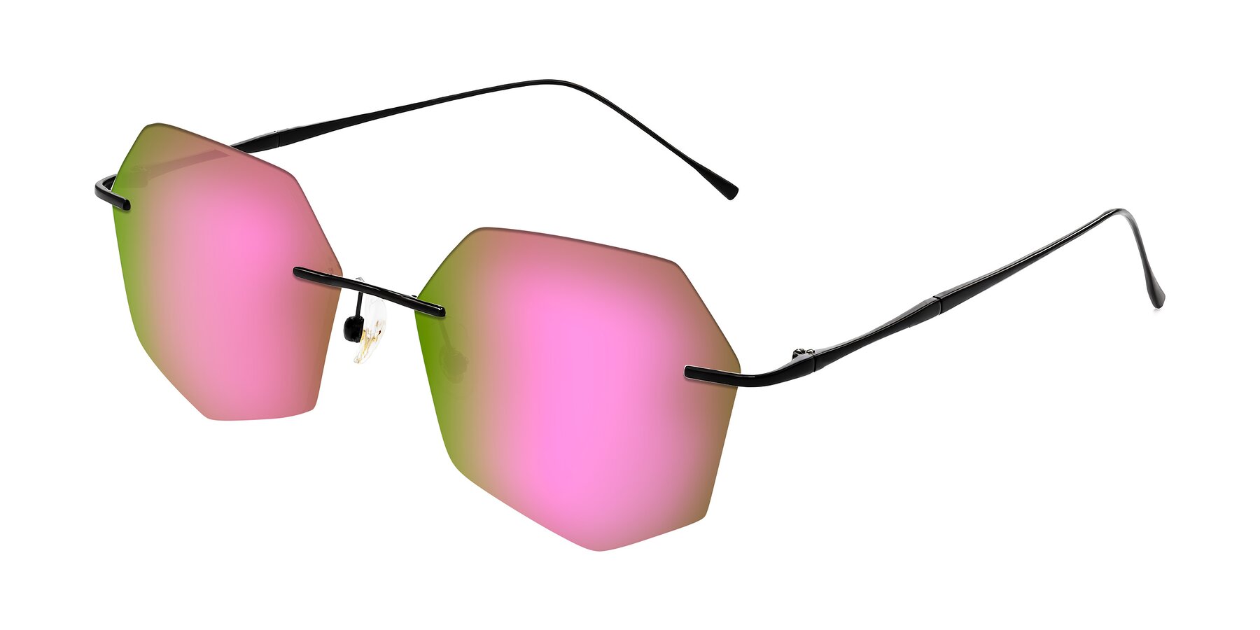 Angle of Edme in Matte Black with Pink Mirrored Lenses