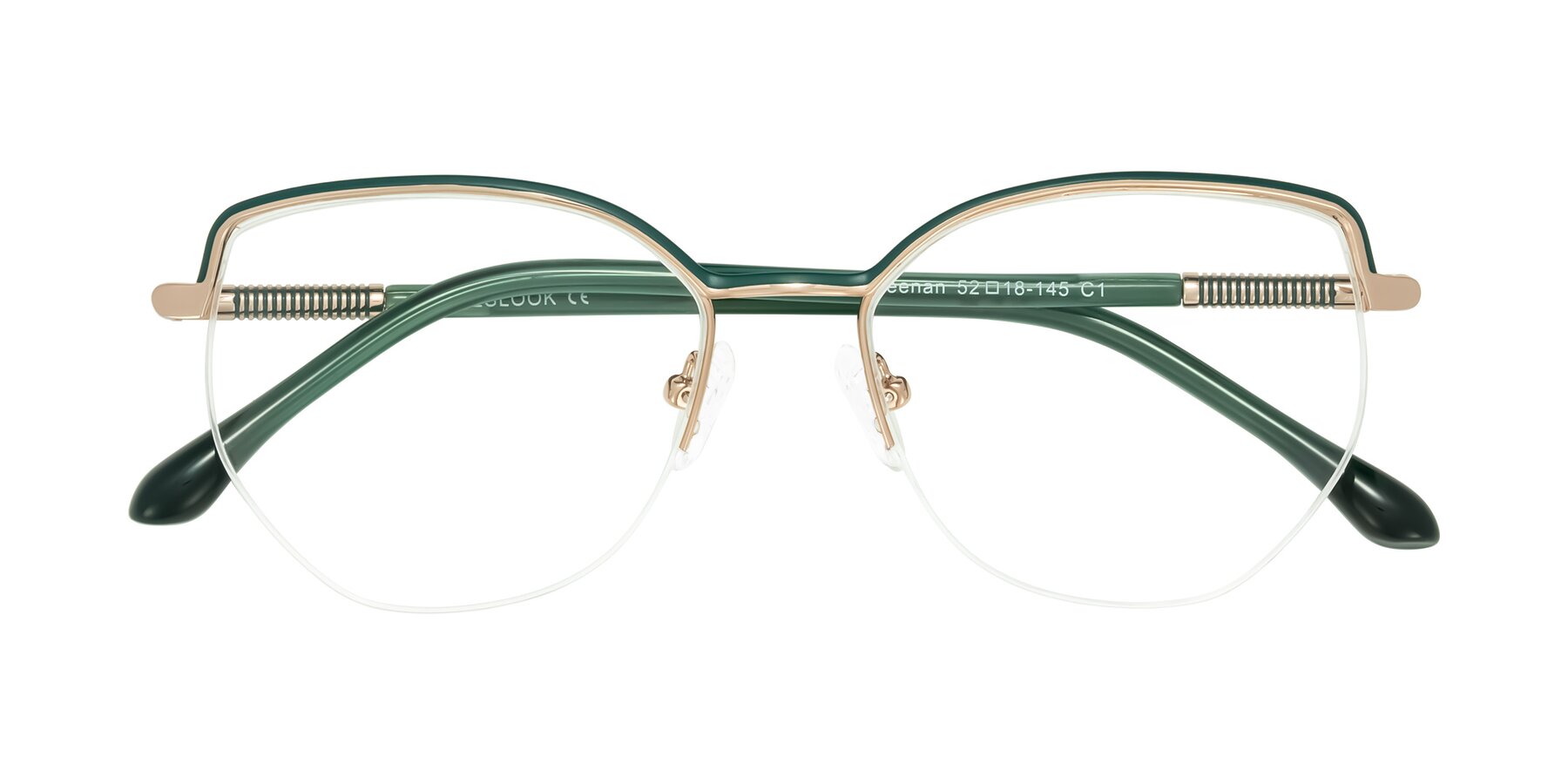 Folded Front of Heenan in Green/Gold with Clear Eyeglass Lenses