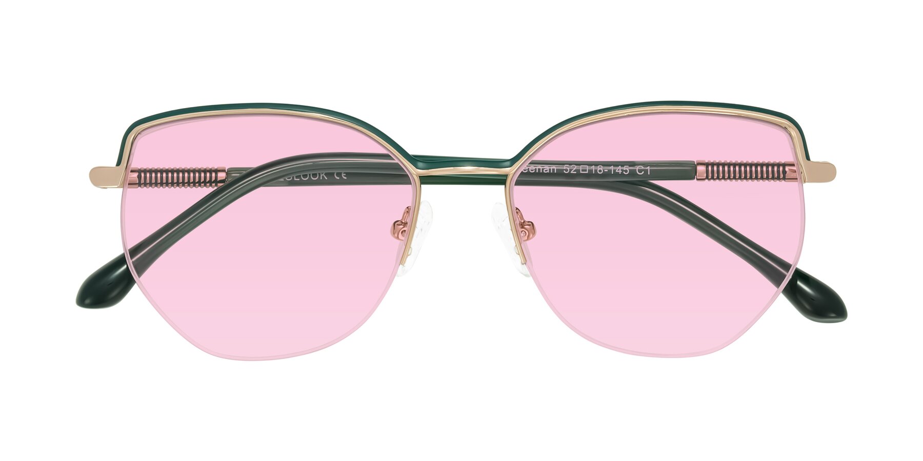 Folded Front of Heenan in Green/Gold with Light Pink Tinted Lenses