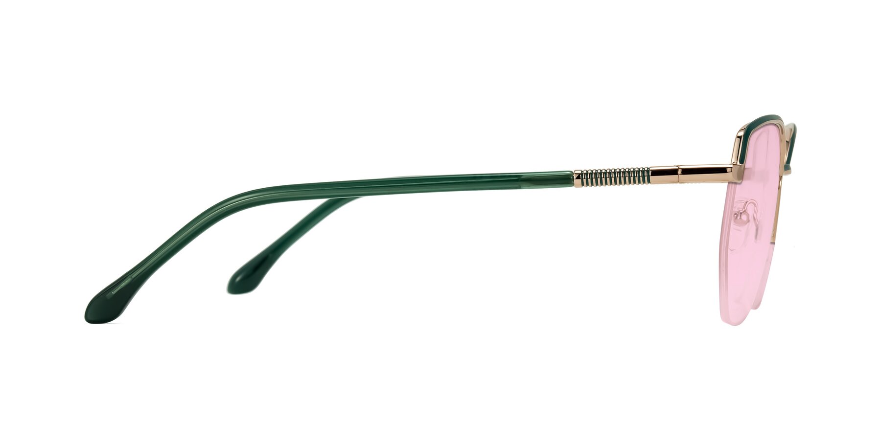 Side of Heenan in Green/Gold with Light Pink Tinted Lenses