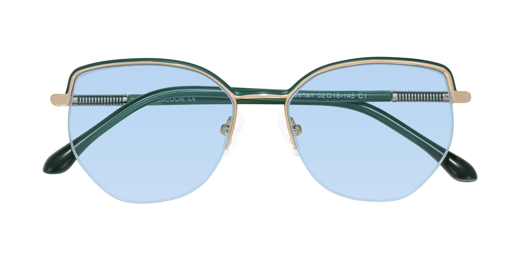 Folded Front of Heenan in Green/Gold with Light Blue Tinted Lenses