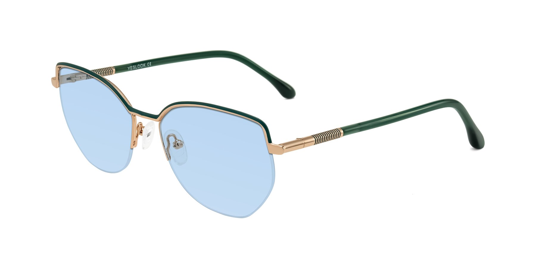 Angle of Heenan in Green/Gold with Light Blue Tinted Lenses