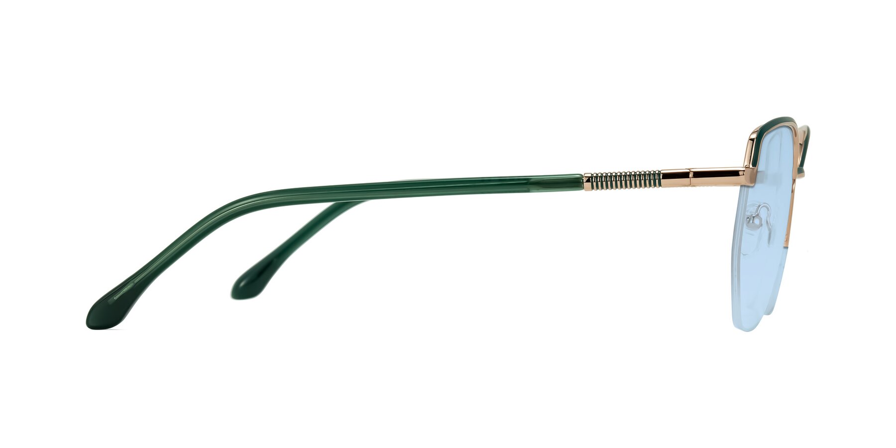 Side of Heenan in Green/Gold with Light Blue Tinted Lenses