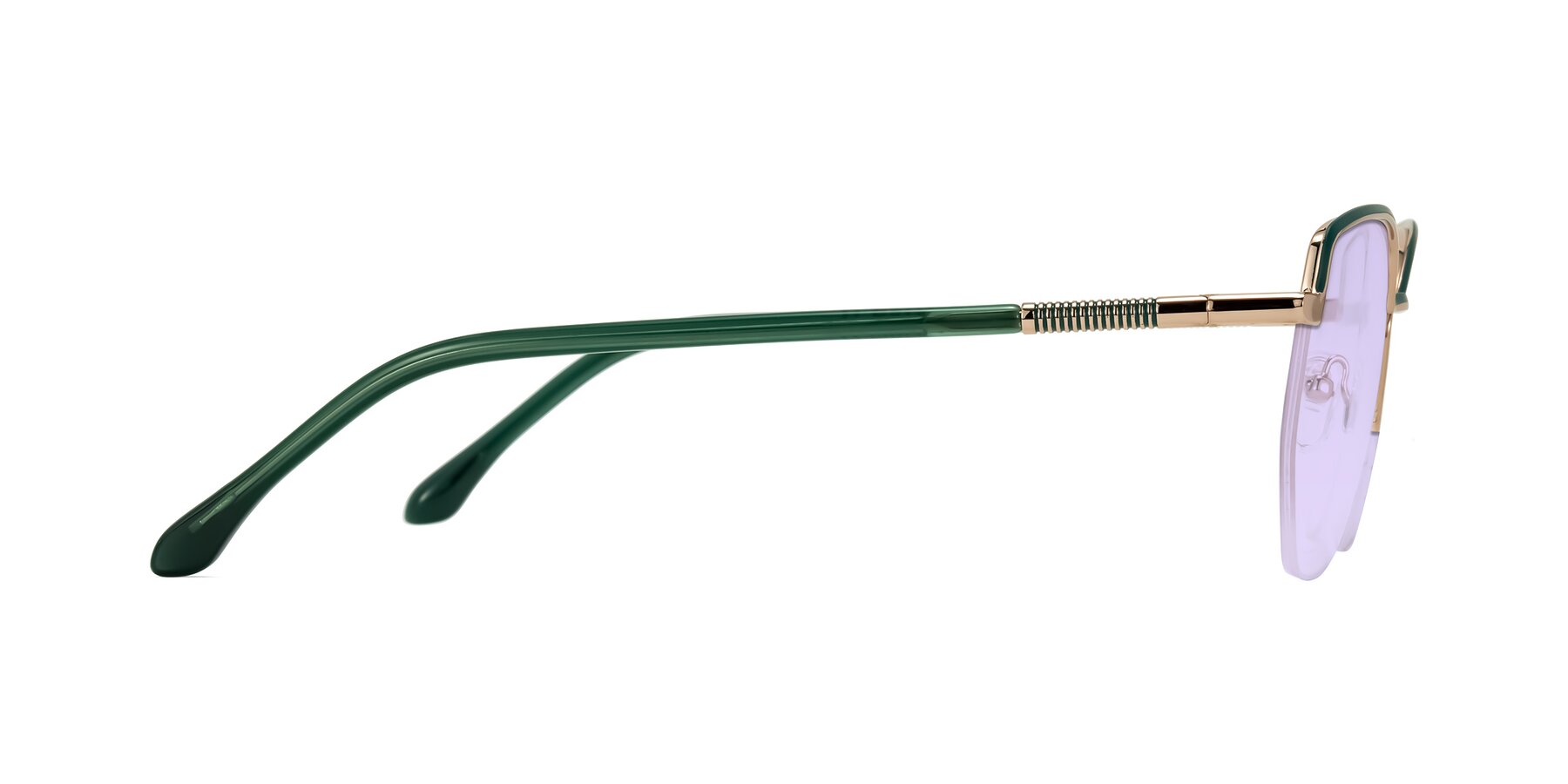 Side of Heenan in Green/Gold with Light Purple Tinted Lenses