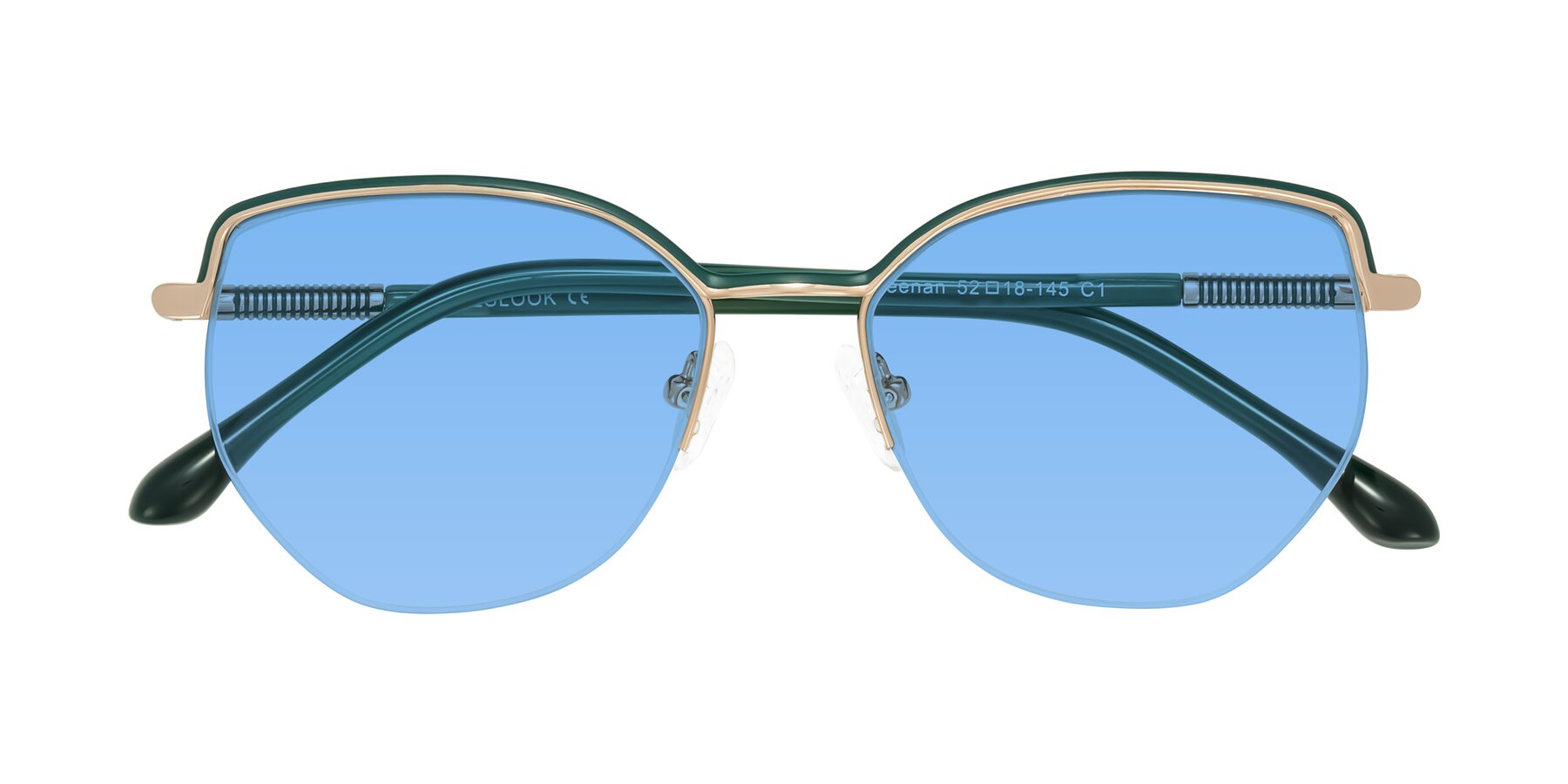 Folded Front of Heenan in Green/Gold with Medium Blue Tinted Lenses