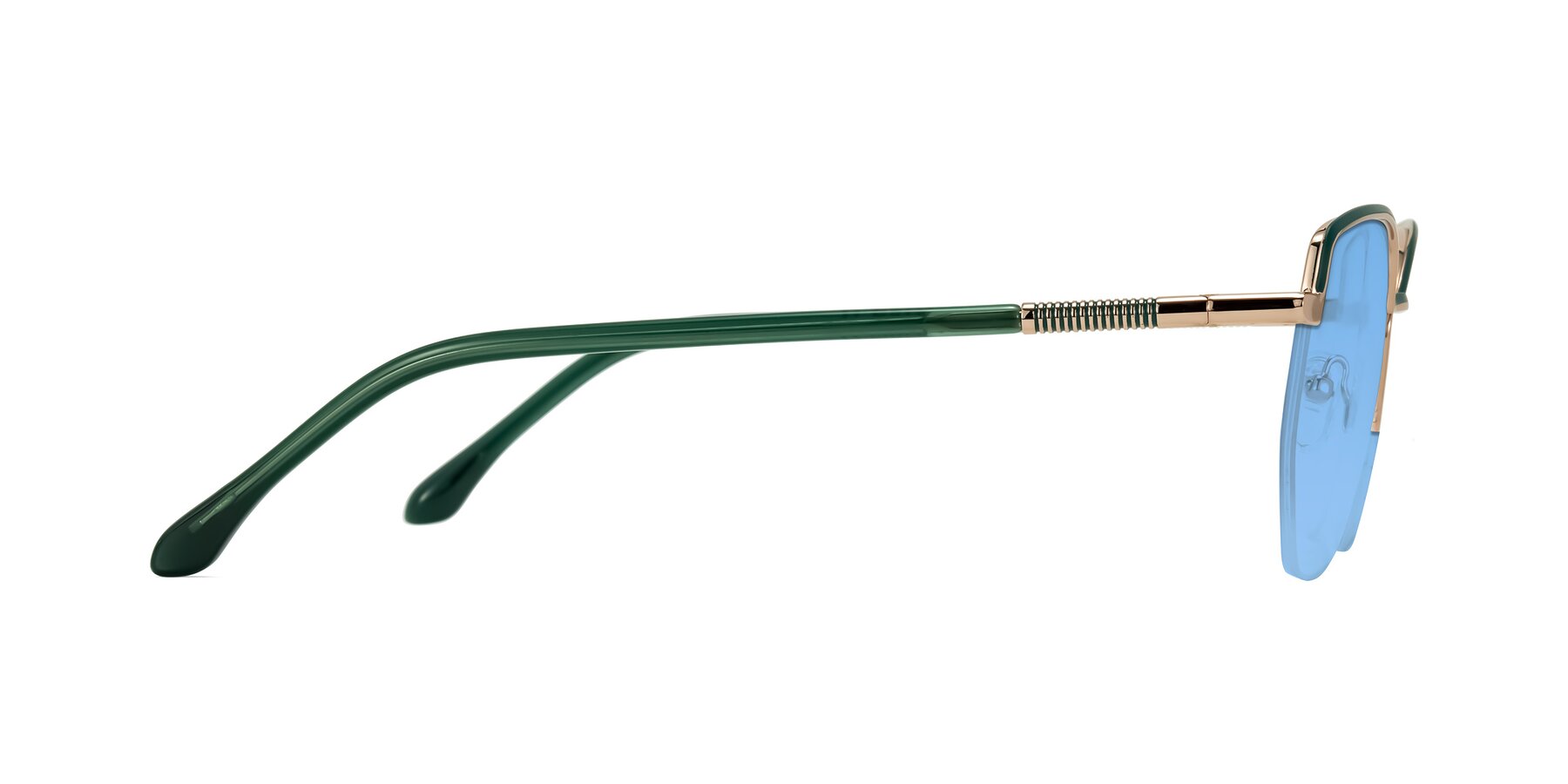 Side of Heenan in Green/Gold with Medium Blue Tinted Lenses