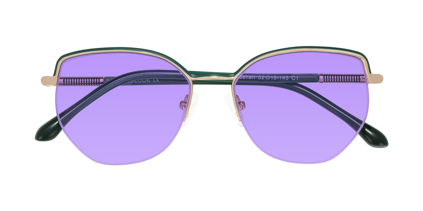 Folded Front of Heenan in Green/Gold with Medium Purple Tinted Lenses
