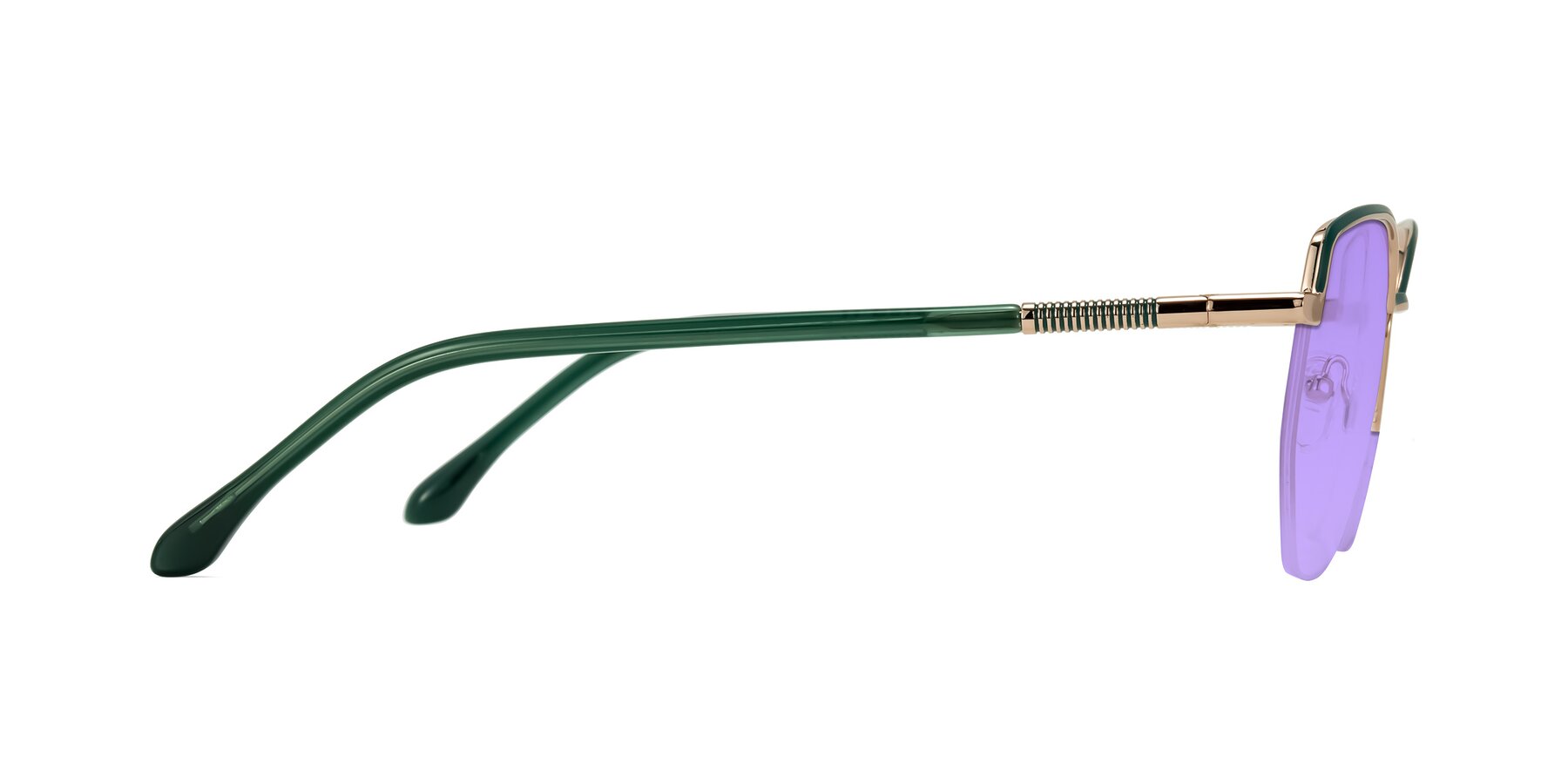 Side of Heenan in Green/Gold with Medium Purple Tinted Lenses