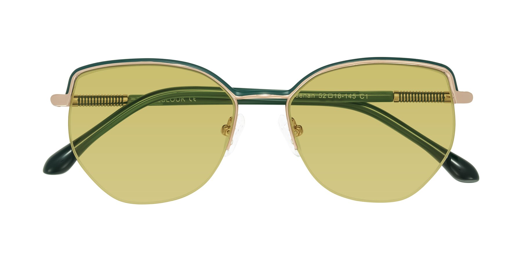 Folded Front of Heenan in Green/Gold with Medium Champagne Tinted Lenses