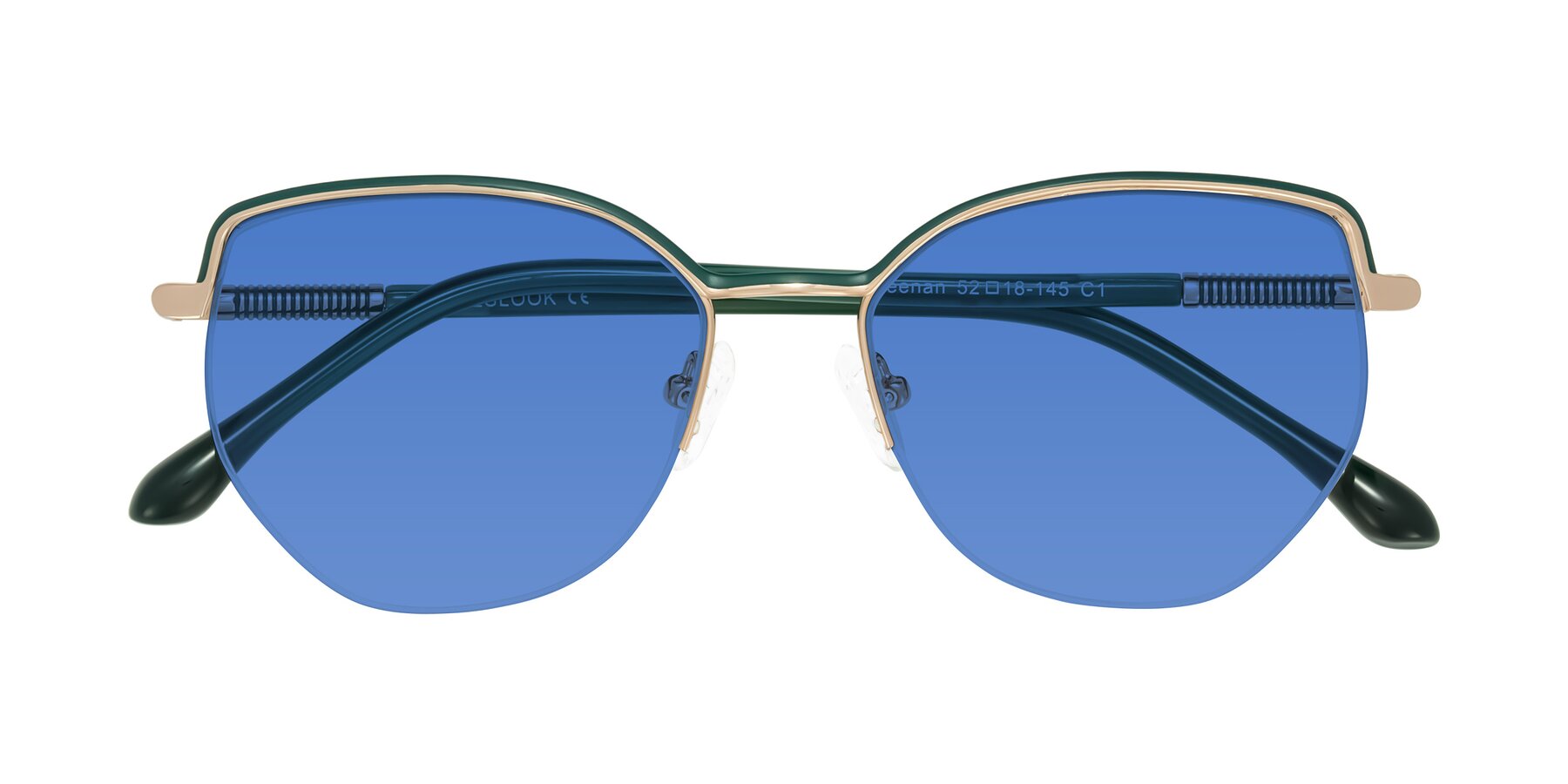 Folded Front of Heenan in Green/Gold with Blue Tinted Lenses