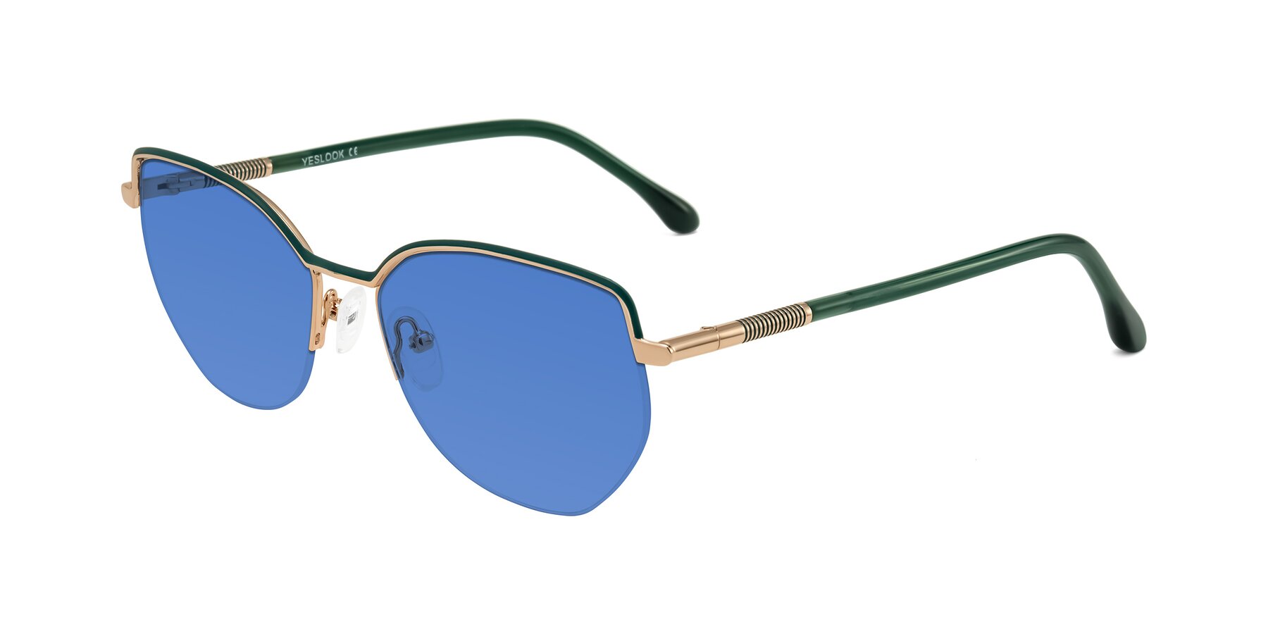Angle of Heenan in Green/Gold with Blue Tinted Lenses