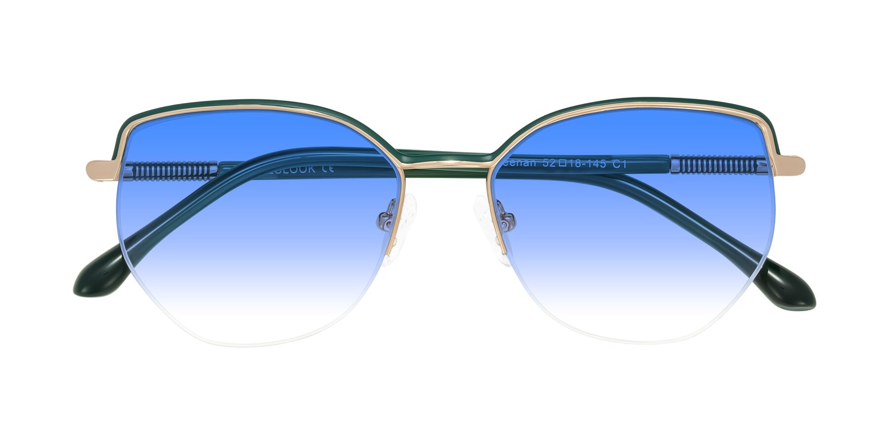 Folded Front of Heenan in Green/Gold with Blue Gradient Lenses