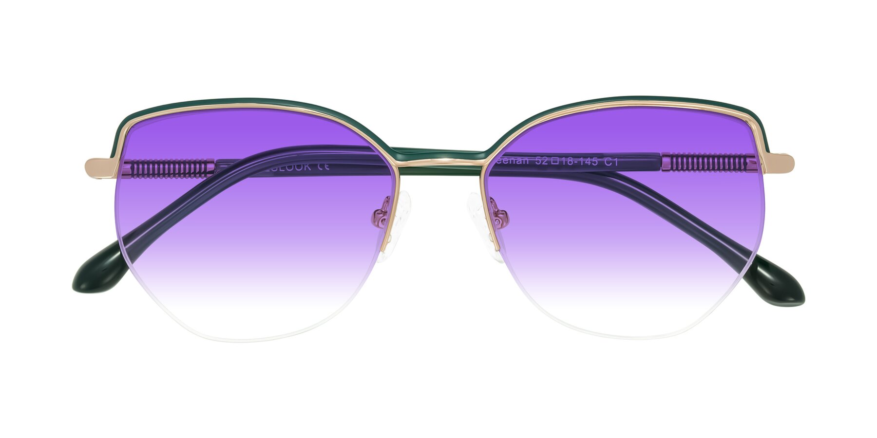 Folded Front of Heenan in Green/Gold with Purple Gradient Lenses