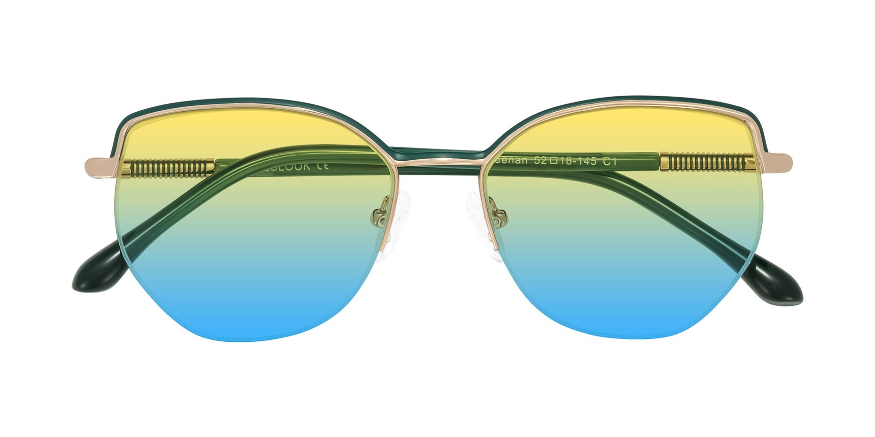 Folded Front of Heenan in Green/Gold with Yellow / Blue Gradient Lenses