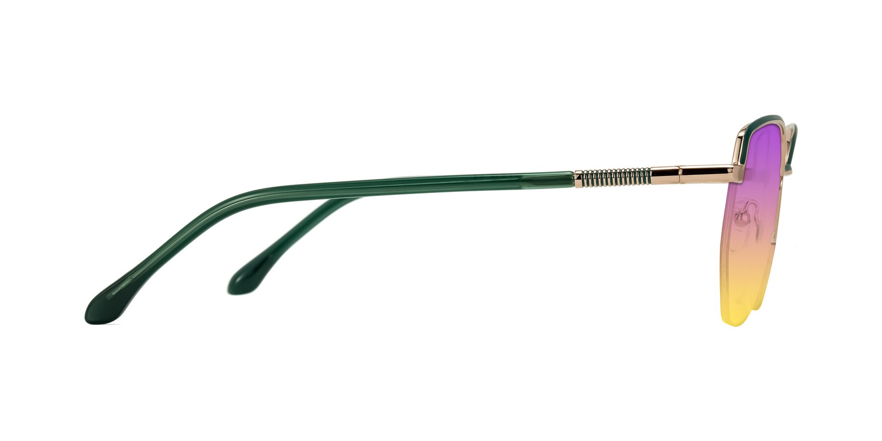 Side of Heenan in Green/Gold with Purple / Yellow Gradient Lenses