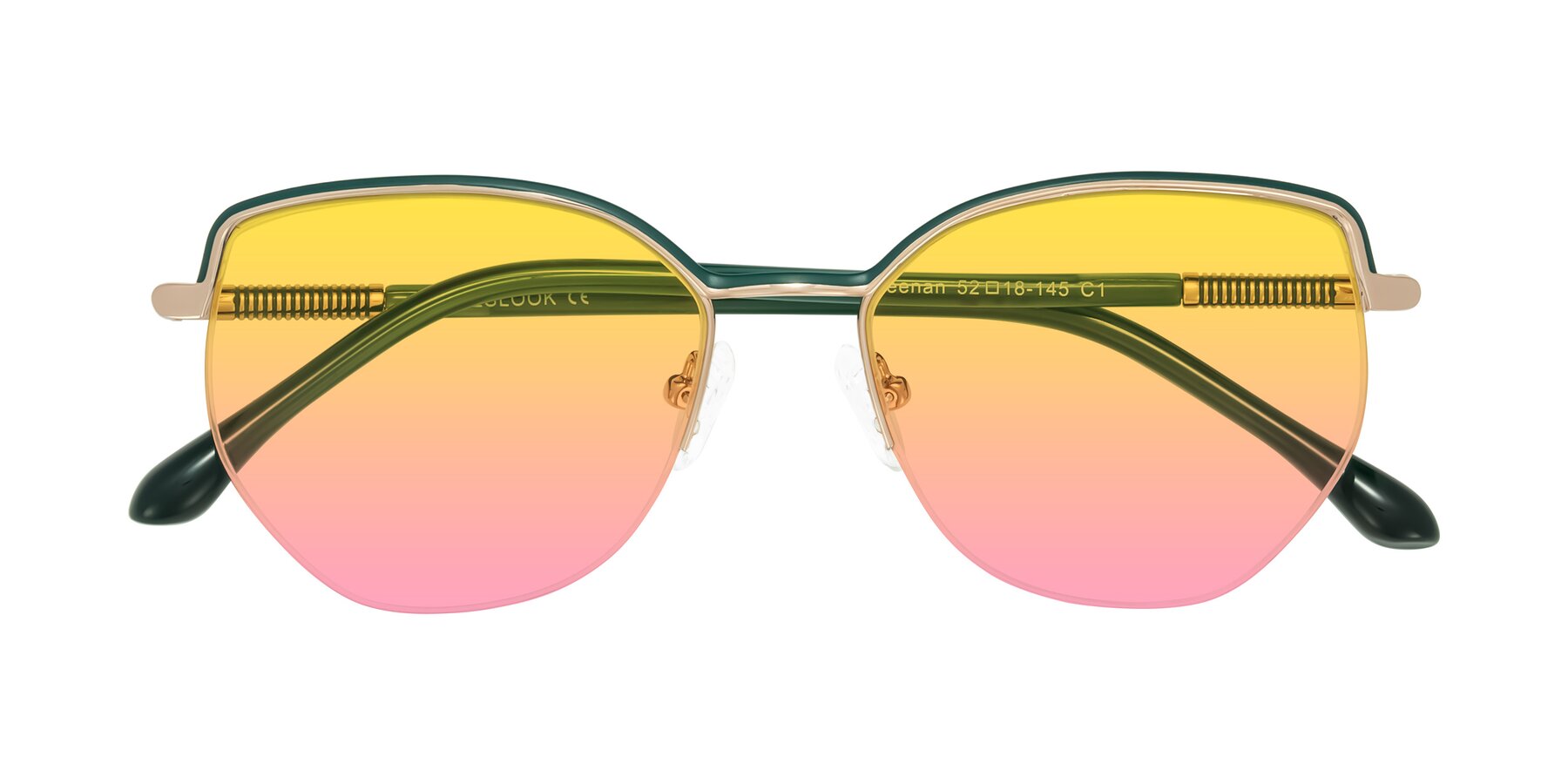 Folded Front of Heenan in Green/Gold with Yellow / Pink Gradient Lenses
