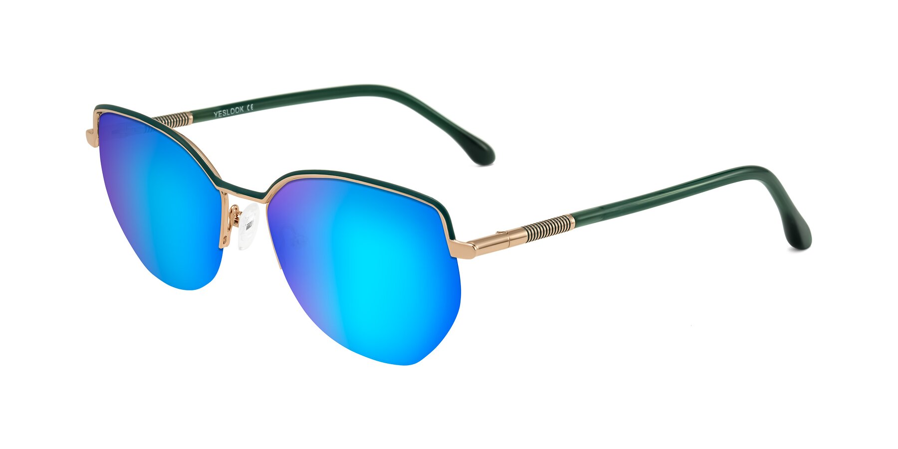 Angle of Heenan in Green/Gold with Blue Mirrored Lenses