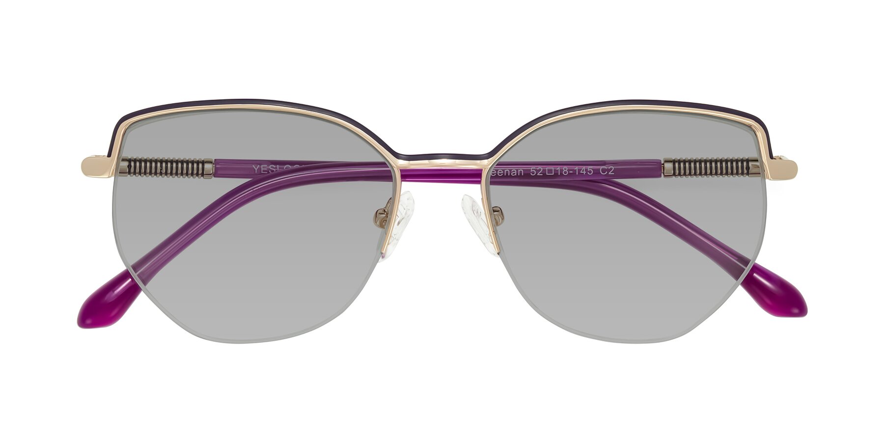 Folded Front of Heenan in Purple/Gold with Light Gray Tinted Lenses