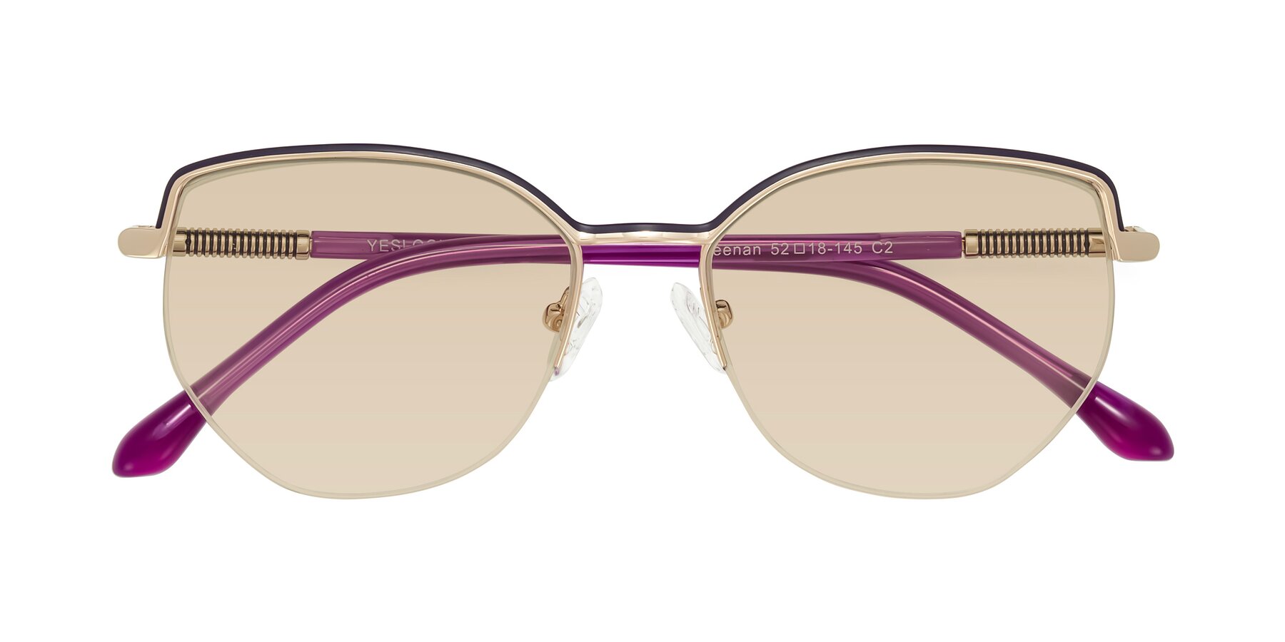 Folded Front of Heenan in Purple/Gold with Light Brown Tinted Lenses