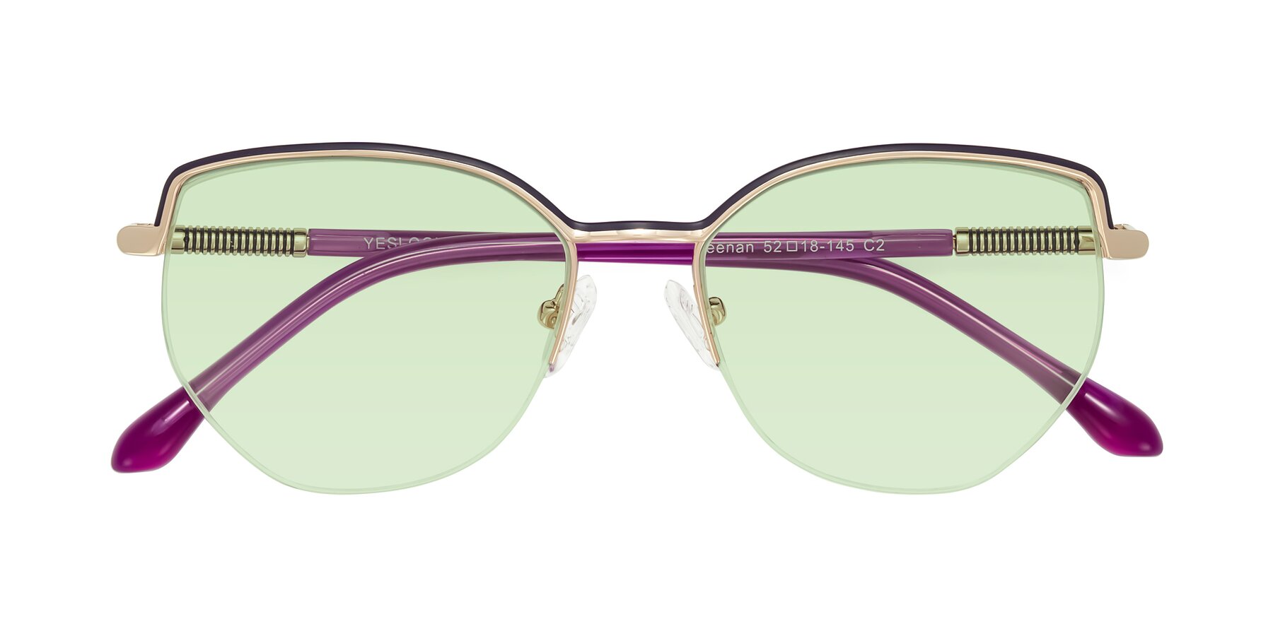 Folded Front of Heenan in Purple/Gold with Light Green Tinted Lenses