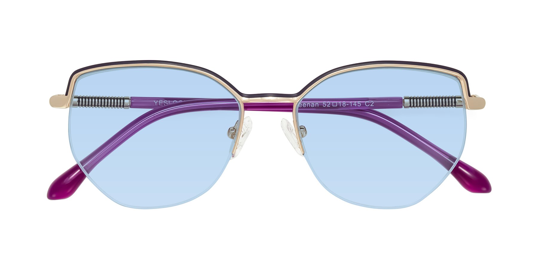 Folded Front of Heenan in Purple/Gold with Light Blue Tinted Lenses