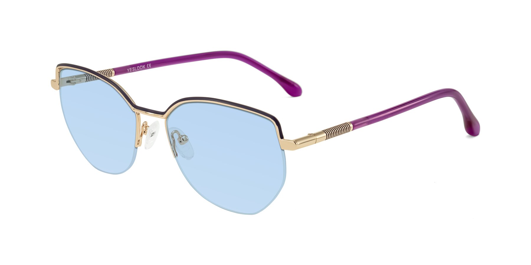 Angle of Heenan in Purple/Gold with Light Blue Tinted Lenses
