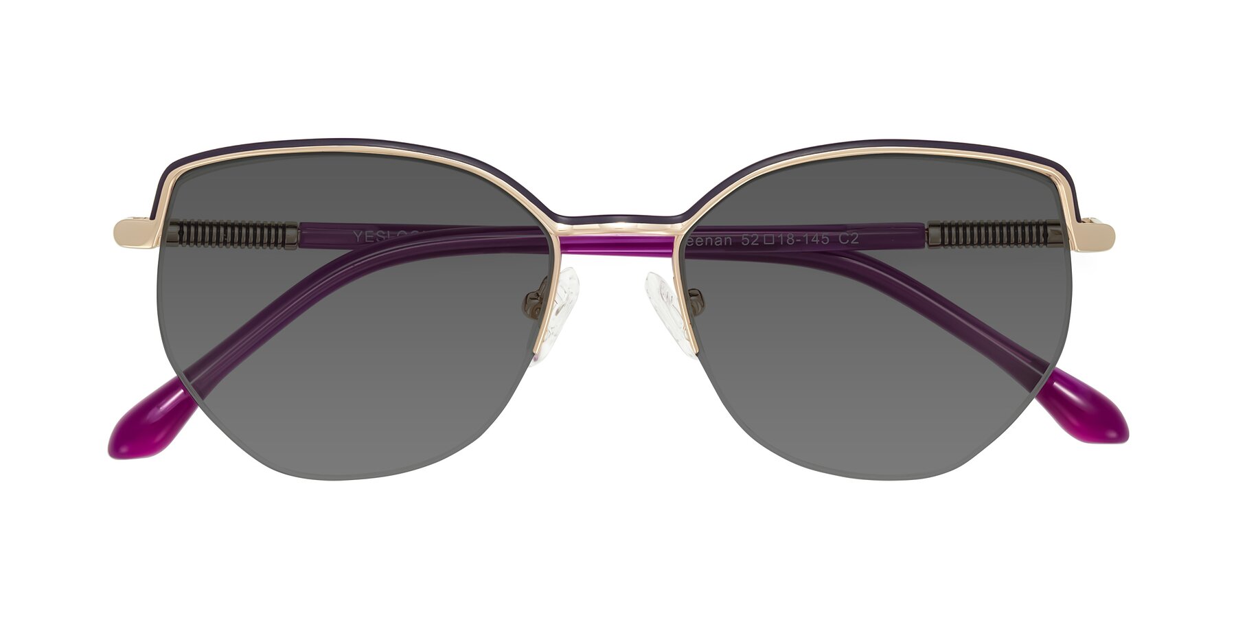 Folded Front of Heenan in Purple/Gold with Medium Gray Tinted Lenses
