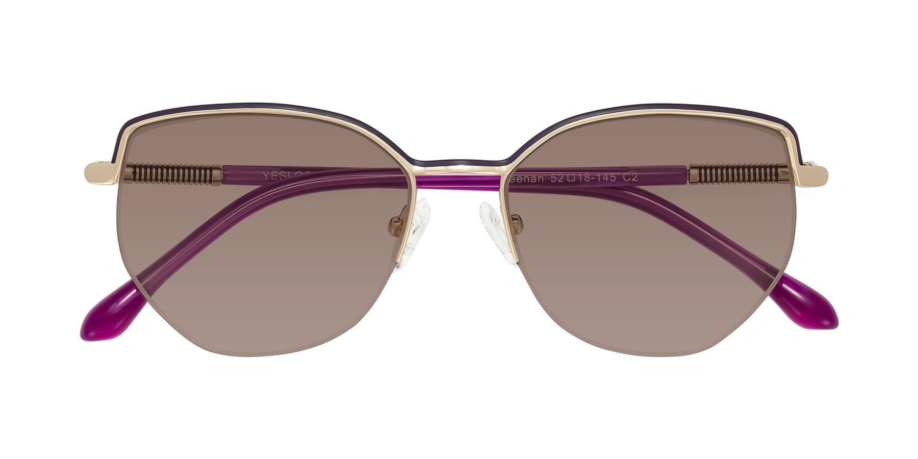 Folded Front of Heenan in Purple/Gold with Medium Brown Tinted Lenses
