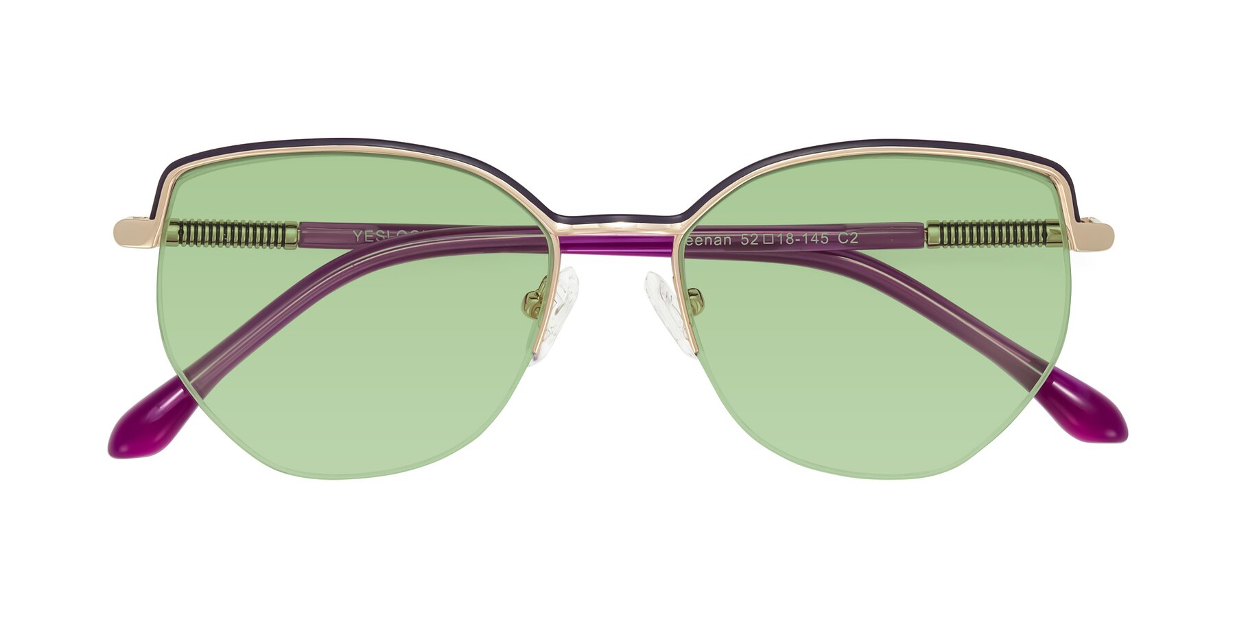 Folded Front of Heenan in Purple/Gold with Medium Green Tinted Lenses