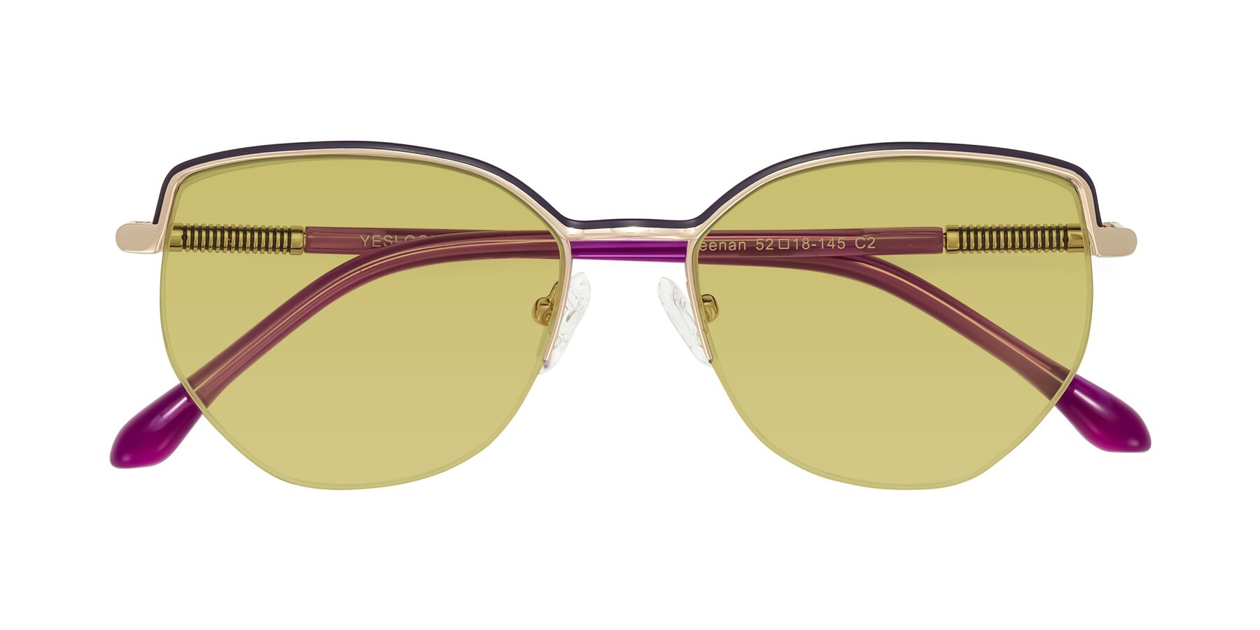 Folded Front of Heenan in Purple/Gold with Medium Champagne Tinted Lenses