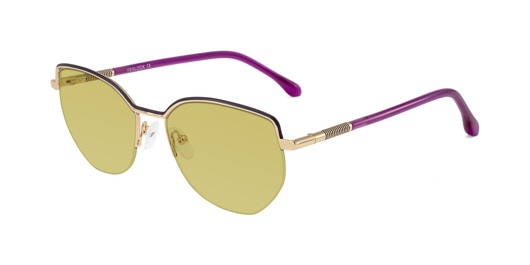 Angle of Heenan in Purple/Gold with Medium Champagne Tinted Lenses
