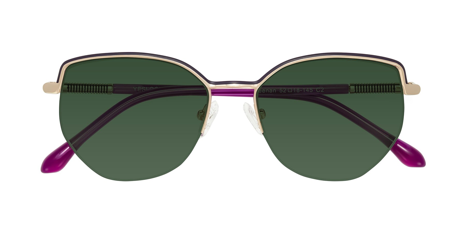 Folded Front of Heenan in Purple/Gold with Green Tinted Lenses