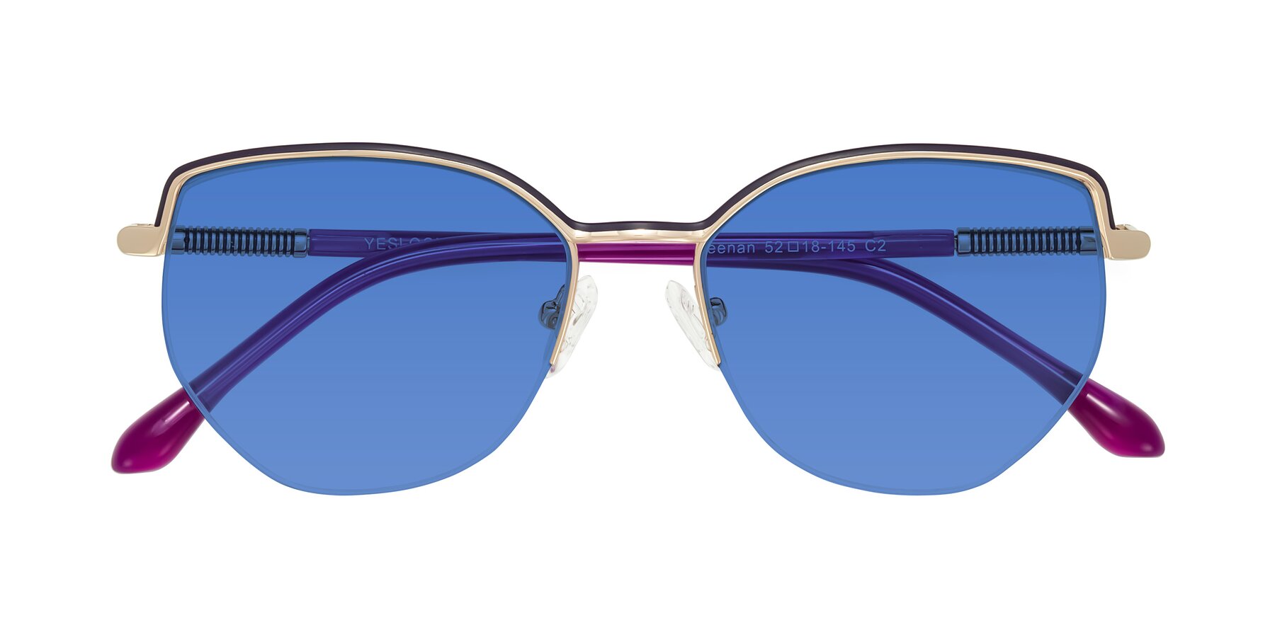 Folded Front of Heenan in Purple/Gold with Blue Tinted Lenses