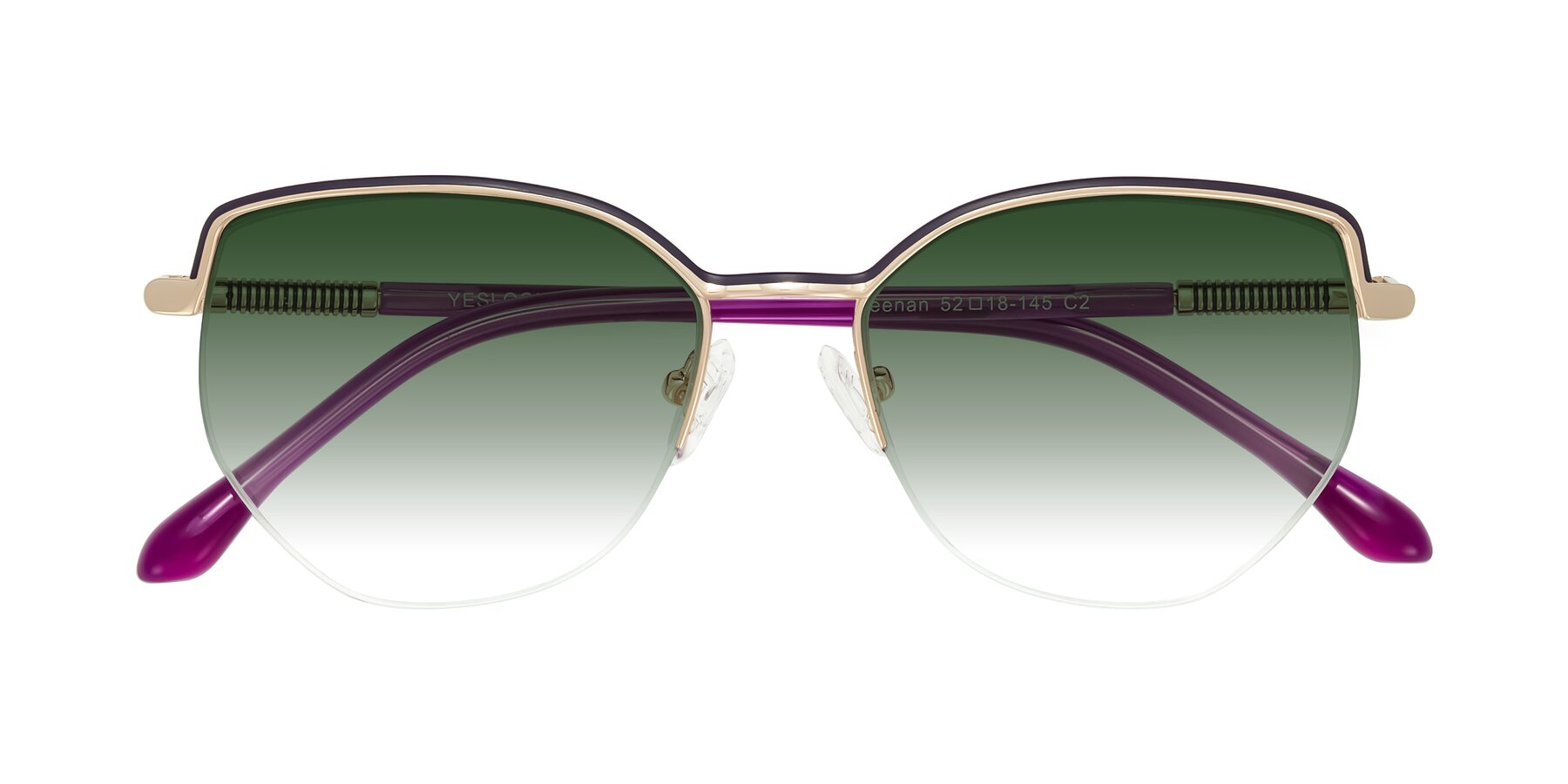 Folded Front of Heenan in Purple/Gold with Green Gradient Lenses