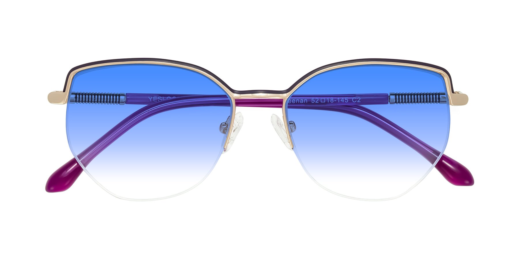 Folded Front of Heenan in Purple/Gold with Blue Gradient Lenses