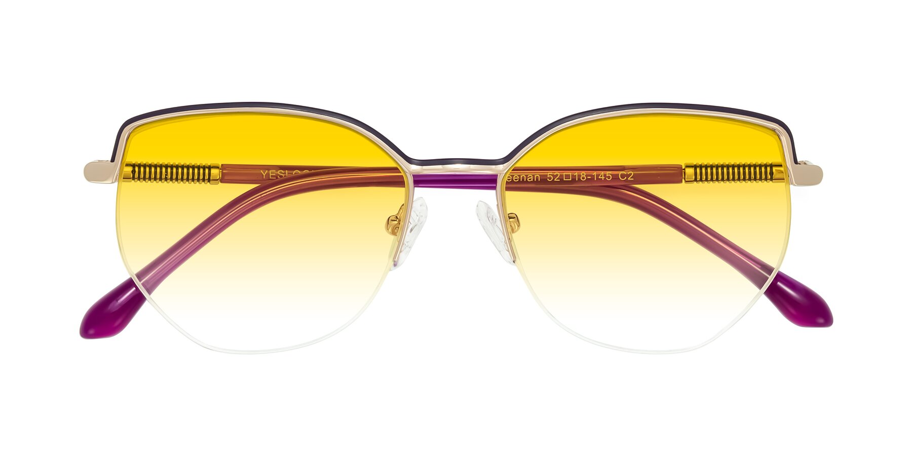 Folded Front of Heenan in Purple/Gold with Yellow Gradient Lenses