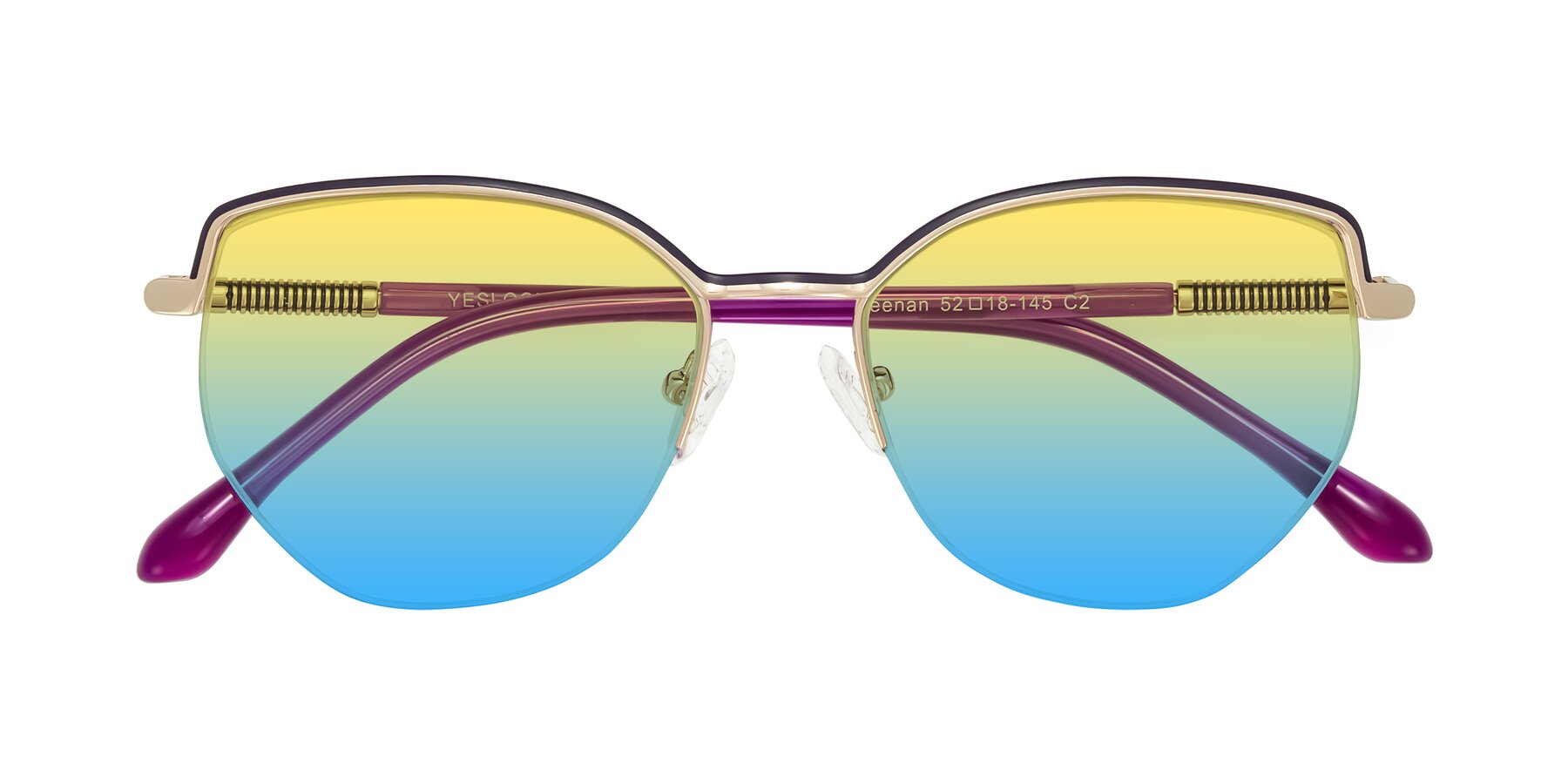 Folded Front of Heenan in Purple/Gold with Yellow / Blue Gradient Lenses