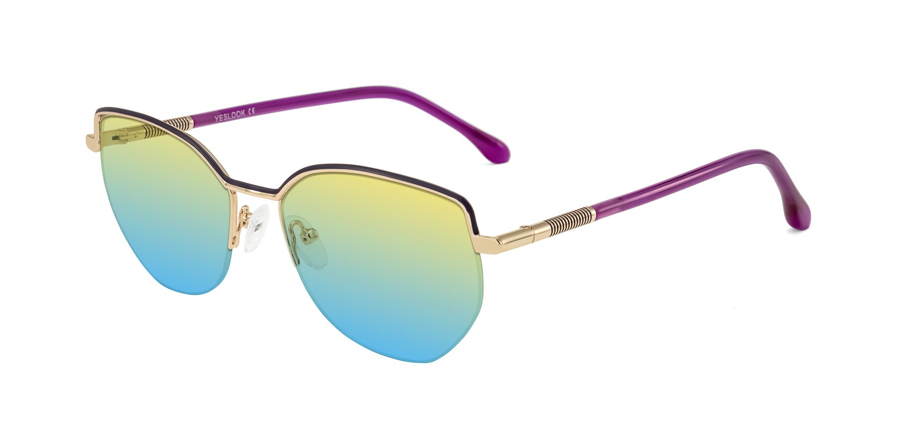 Angle of Heenan in Purple/Gold with Yellow / Blue Gradient Lenses