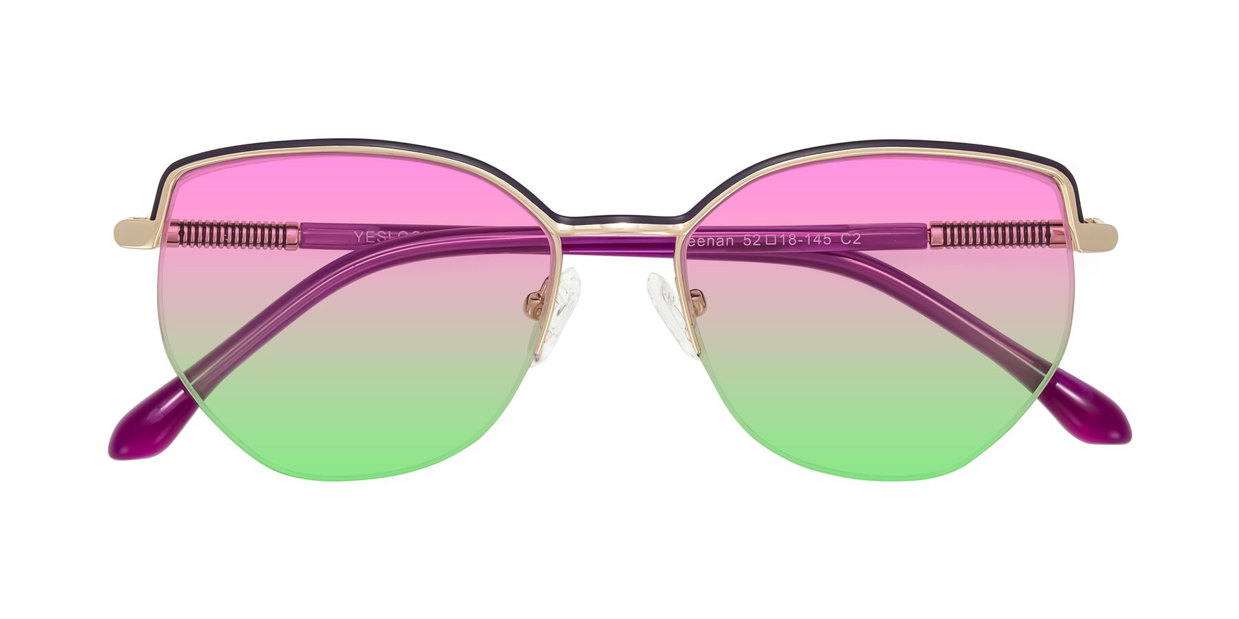 Folded Front of Heenan in Purple/Gold with Pink / Green Gradient Lenses
