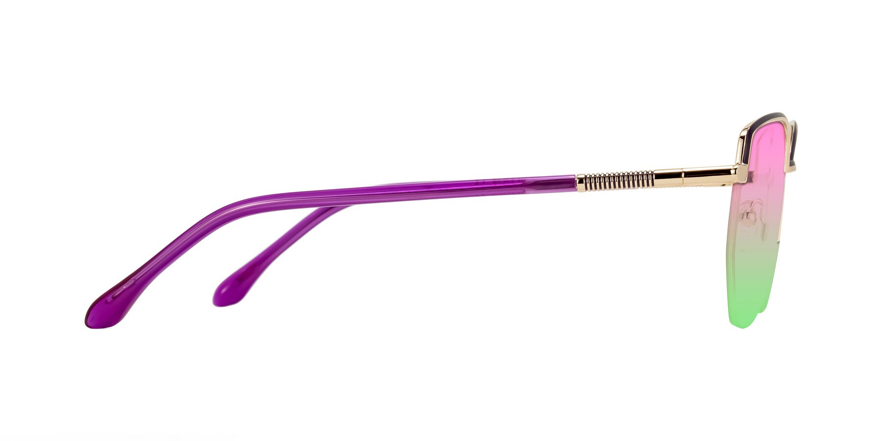 Side of Heenan in Purple/Gold with Pink / Green Gradient Lenses