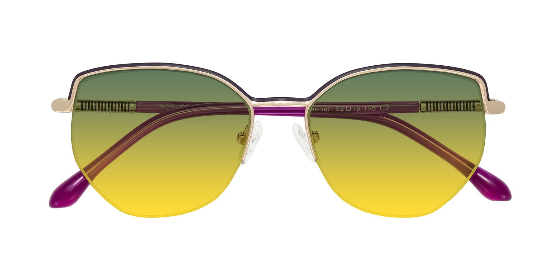 Folded Front of Heenan in Purple/Gold with Green / Yellow Gradient Lenses