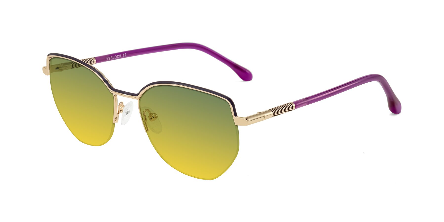 Angle of Heenan in Purple/Gold with Green / Yellow Gradient Lenses